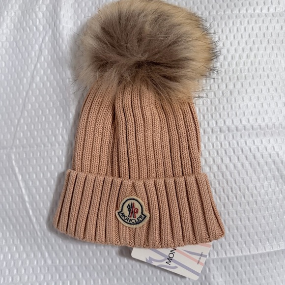 Moncler Accessories - Moncler Women’s Ribbed Knit Beanie Hat w/ Fur Pom Beige Blush NWT One Size